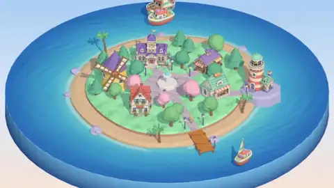 A pastel low-poly island town with a windmill, a market, a lighthouse and a town hall on a floating ocean tile, boats circling
