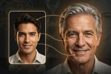 Side-by-side portrait showing facial aging progression from young man to senior man with matching facial features and gold connection lines