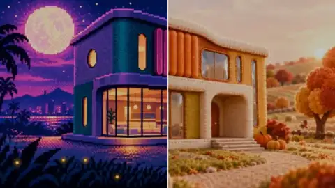 The same rounded villa in synthwave pixel art and autumn felt, split down the middle