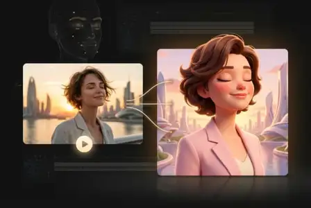 AI avatar creation interface showing real woman photo transformed into animated cartoon character with cityscape background