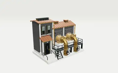 A complete industrial facility with copper roofing, charcoal cladding and brass machinery in the Material Worlds 3D studio