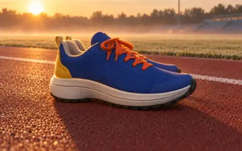 A blue engineered-mesh running shoe with orange laces on a red running track at dawn