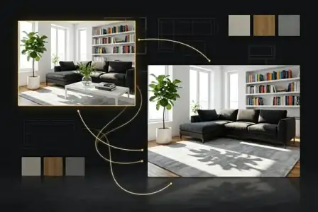 Modern living room design presentation with black sectional sofa, built-in bookshelves, potted plant, and material color swatches on dark background