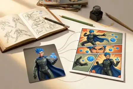 Artist workspace with superhero character sketches, blue-haired hero digital art, comic panels, and drawing tools on white desk