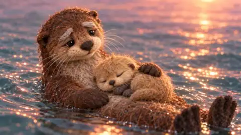 A felt old otter floats at sunset with a tiny honey-coloured pup asleep on his belly