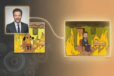 Professional man in suit transformed into cartoon character sitting calmly with coffee in burning room meme