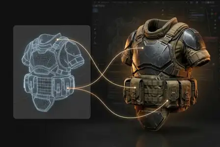 3D armor design process showing blue wireframe mesh on left connected to detailed rendered tactical body armor with brown leather and black plates on right in professional 3D modeling software interface