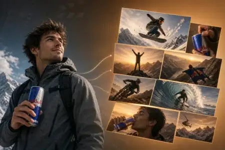 Man holding energy drink with mountain adventure sports collage including snowboarding, mountain biking, cliff jumping, and surfing