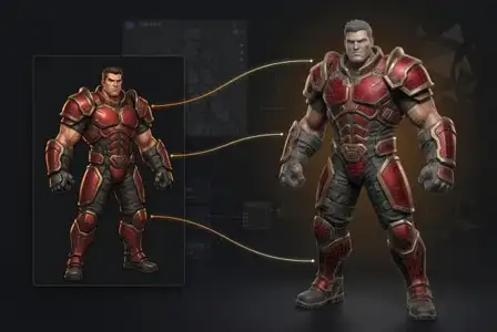 Fantasy character in red and gold plated armor with design comparison showing original concept and final 3D model render
